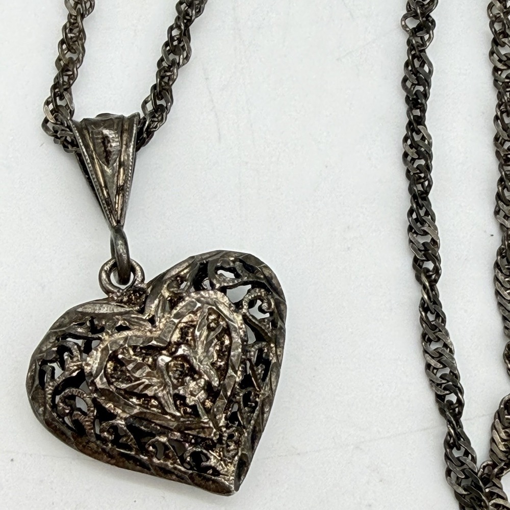 Vtg Art Deco Sterling Silver Heart Necklace Love Birds Hand Chased Puffy 30"